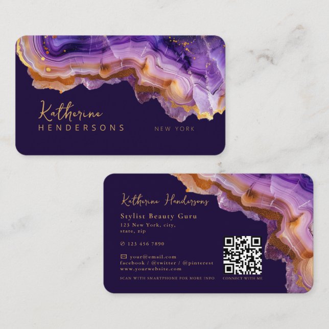 Tarjeta De Visita Modern Purple Agate & gold glitter marble QR Code (Anverso / Reverso)
