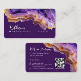 Tarjeta De Visita Modern Purple Agate & gold glitter marble QR Code