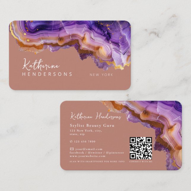 Tarjeta De Visita Modern Purple Agate & gold glitter marble QR Code (Anverso / Reverso)