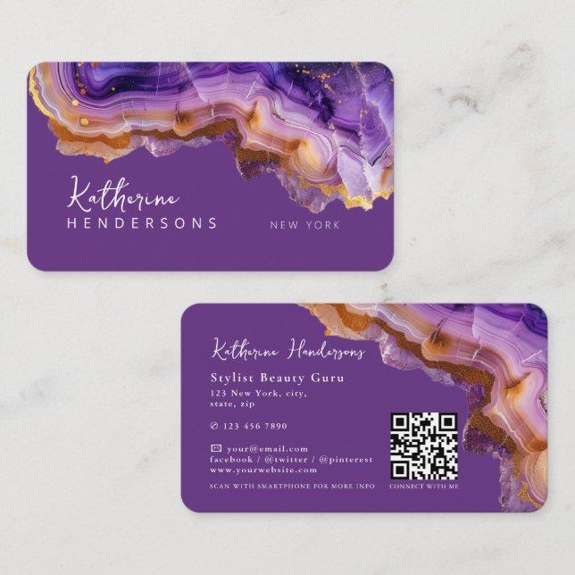 Tarjeta De Visita Modern Purple Agate & gold glitter marble QR Code (Anverso / Reverso)