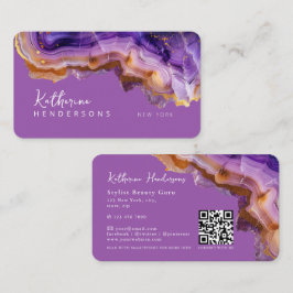 Tarjeta De Visita Modern Purple Agate & gold glitter marble QR Code