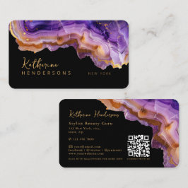 Tarjeta De Visita Modern Purple Agate & gold glitter marble QR Code