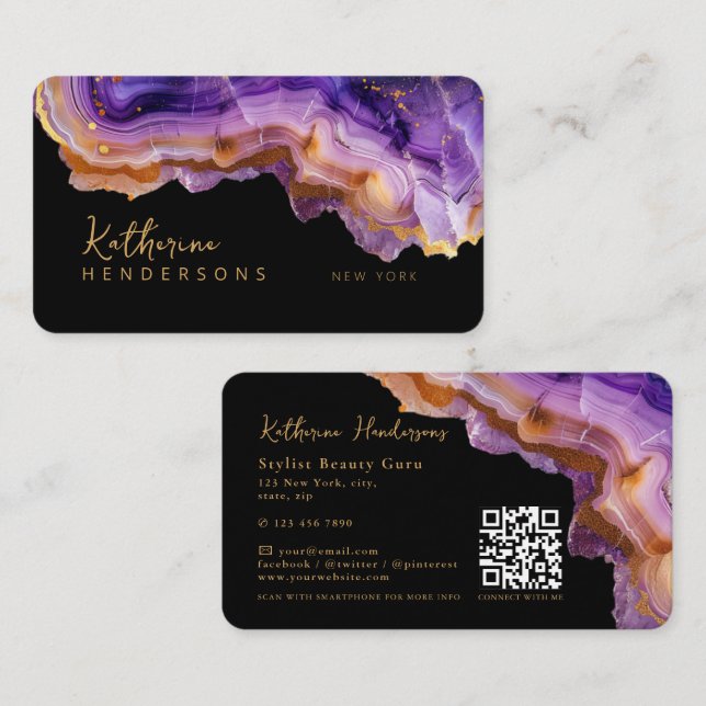 Tarjeta De Visita Modern Purple Agate & gold glitter marble QR Code (Anverso / Reverso)