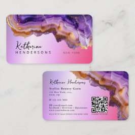 Tarjeta De Visita Modern Purple Agate & gold glitter marble QR Code