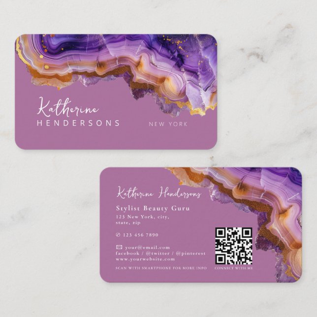 Tarjeta De Visita Modern Purple Agate & gold glitter marble QR Code (Anverso / Reverso)