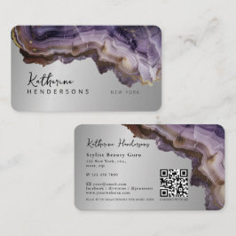 Tarjeta De Visita Modern Purple Agate & gold glitter marble QR Code