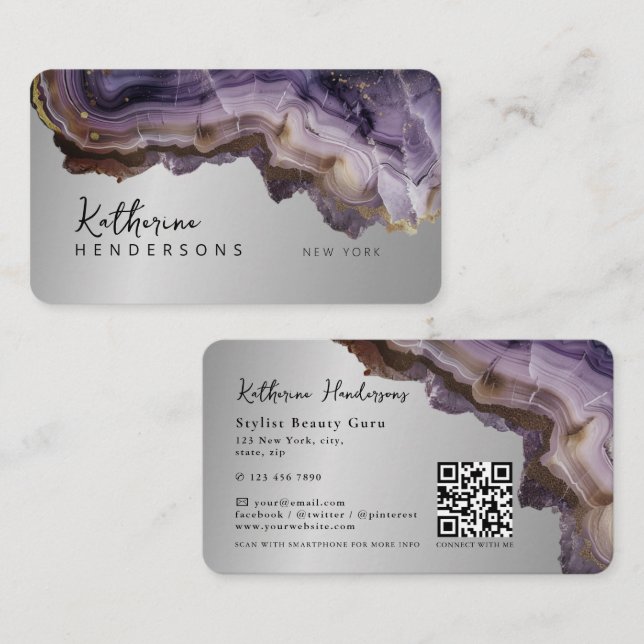 Tarjeta De Visita Modern Purple Agate & gold glitter marble QR Code (Anverso / Reverso)