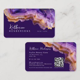 Tarjeta De Visita Modern Purple Agate & gold glitter marble QR Code