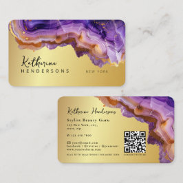 Tarjeta De Visita Modern Purple Agate & gold glitter marble QR Code