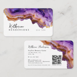 Tarjeta De Visita Modern Purple Agate & gold glitter marble QR Code