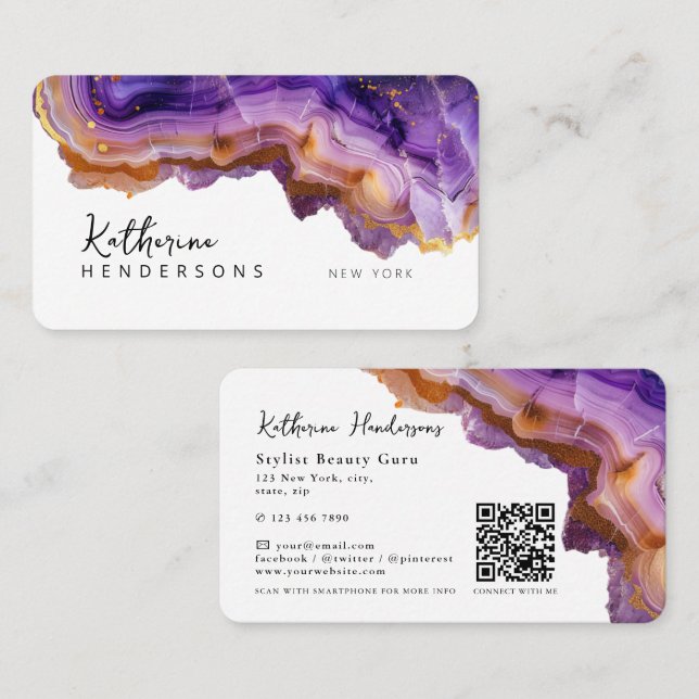 Tarjeta De Visita Modern Purple Agate & gold glitter marble QR Code (Anverso / Reverso)