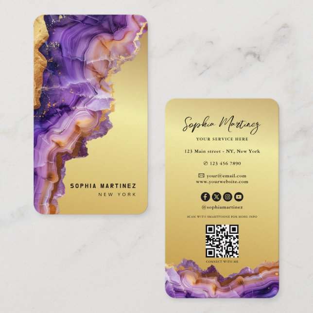 Tarjeta De Visita Modern Purple Agate gold marble & QR Code Logo (Anverso / Reverso)