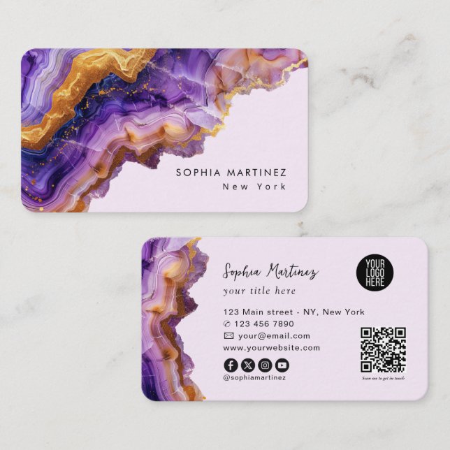Tarjeta De Visita Modern Purple Agate gold marble & QR Code Logo (Anverso / Reverso)