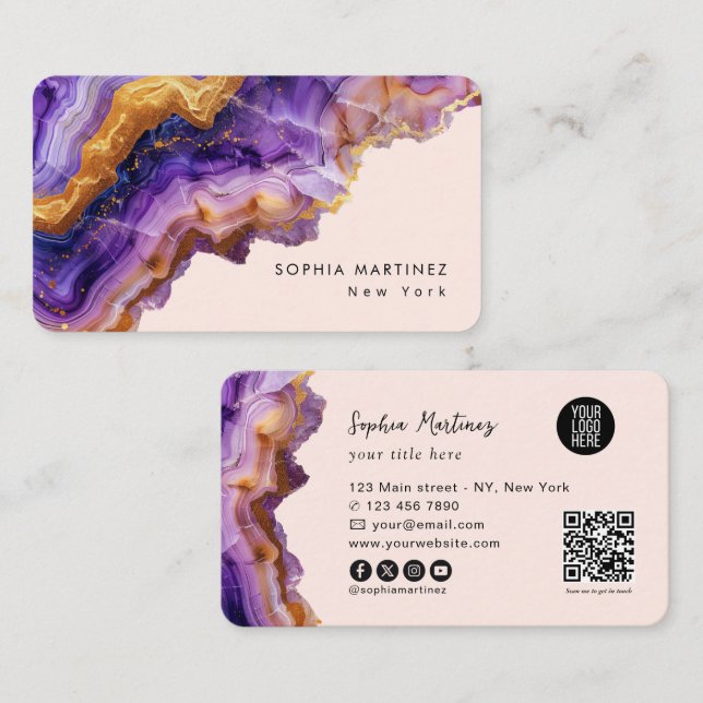 Tarjeta De Visita Modern Purple Agate gold marble & QR Code Logo (Anverso / Reverso)