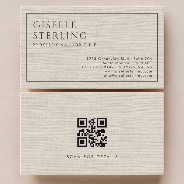 Tarjeta De Visita Modern QR Code Beige Linen Professional Luxury  (Subido por el creador)