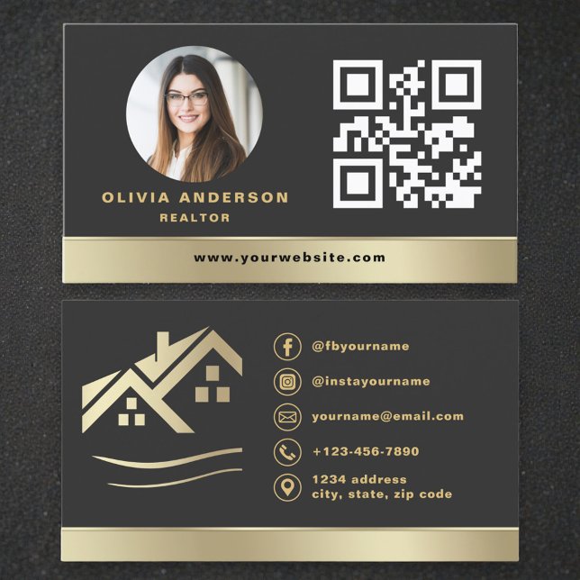 Tarjeta De Visita Modern QR Code Gold House Real Estate Realtor (Subido por el creador)