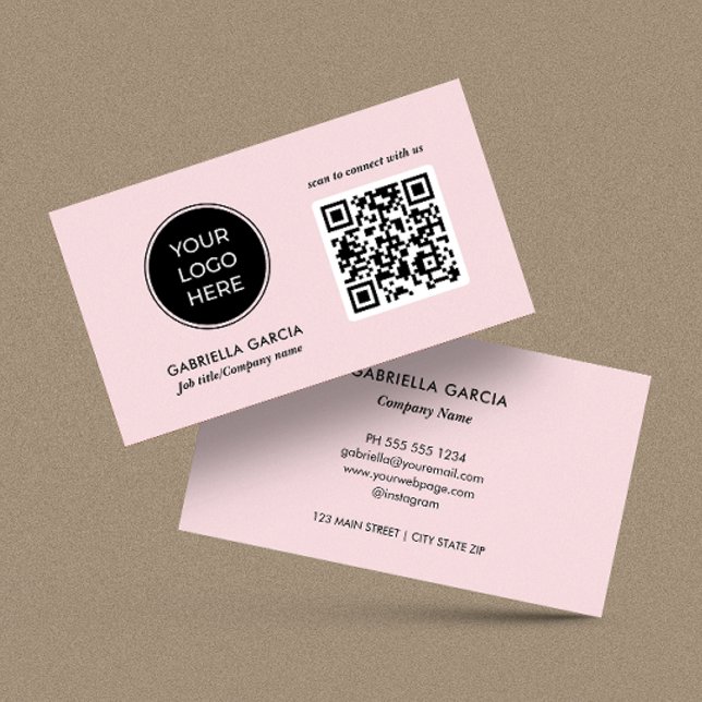 Tarjeta De Visita Modern QR Code Pink Logo Business Card (Card shown in 3.5 x 2 inches. Choose size, paper and corner style.)