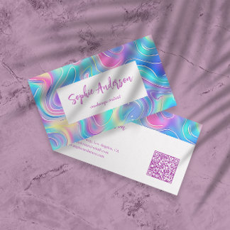 Tarjeta De Visita Modern Rainbow Holographic Makeup Artist & Qr Code