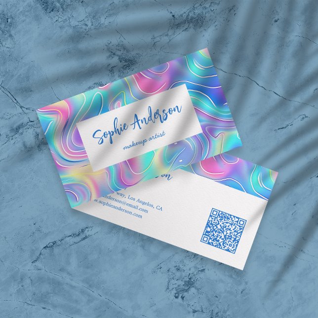 Tarjeta De Visita Modern Rainbow Holographic Makeup Artist & Qr Code (Subido por el creador)