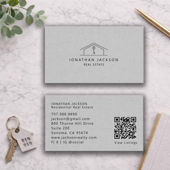 Tarjeta De Visita Modern Realtor Home Logo Gray Faux Linen (Subido por el creador)
