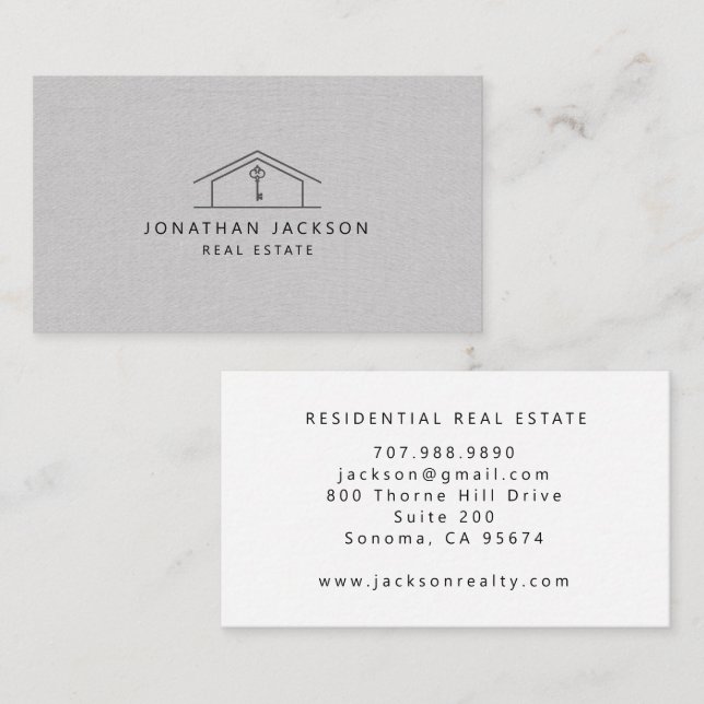 Tarjeta De Visita Modern Realtor Home Logo Gray Faux Linen (Anverso / Reverso)