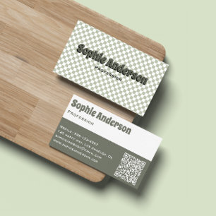 Tarjeta De Visita Modern Retro Verde Salvia Cuadros con Código QR
