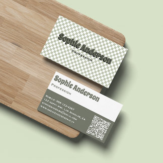 Tarjeta De Visita Modern Retro Verde Salvia Cuadros con Código QR