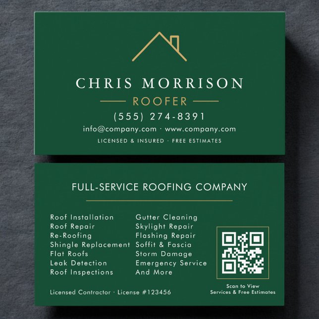 Tarjeta De Visita Modern Roofer Green Gold QR Code (Subido por el creador)