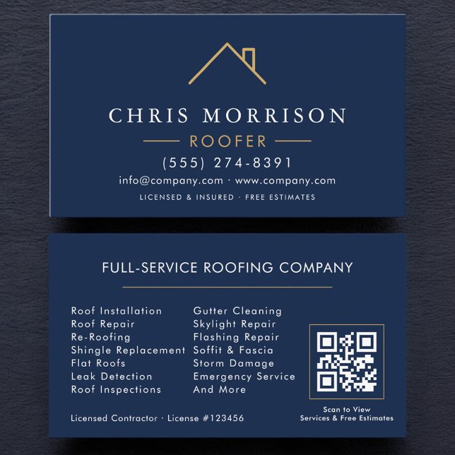 Tarjeta De Visita Modern Roofer Navy Blue Gold QR Code (Subido por el creador)