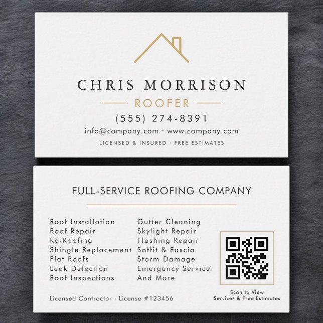 Tarjeta De Visita Modern Roofer White Gold QR Code Business Card (Subido por el creador)
