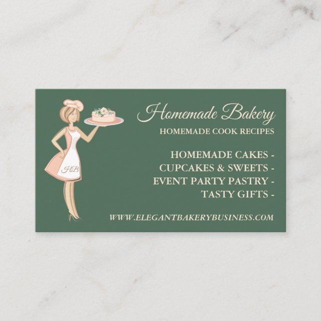 Tarjeta De Visita Modern Sage Green Bakery Woman Cake Service (Anverso)