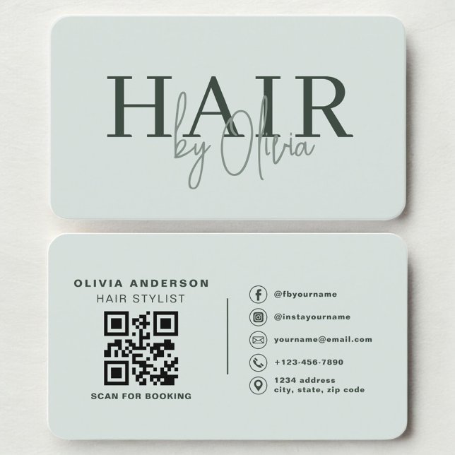 Tarjeta De Visita Modern Sage Green Salon Hairstylist QR Code (Subido por el creador)