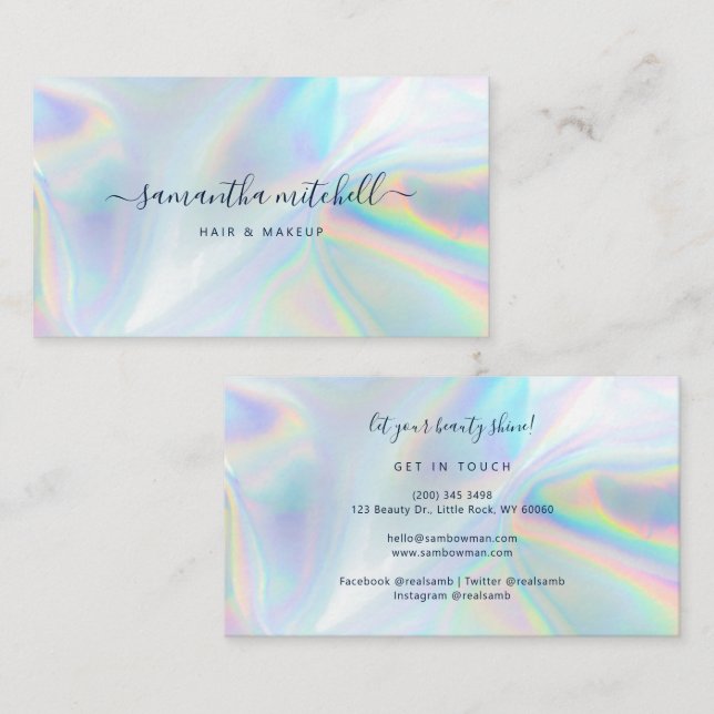 Tarjeta De Visita Modern Script Holographic Beautician Makeup (Anverso / Reverso)