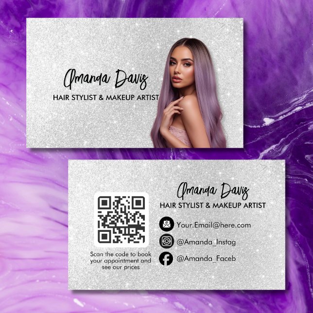 Tarjeta De Visita Modern Silver Makeup Photo QR Code Logo (Subido por el creador)