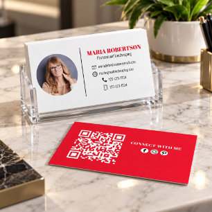 Tarjeta De Visita Modern Simple Minimalist QR Code Social Media Red