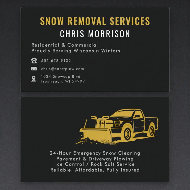 Tarjeta De Visita Modern Snow Plowing Removal Black Gold (Subido por el creador)