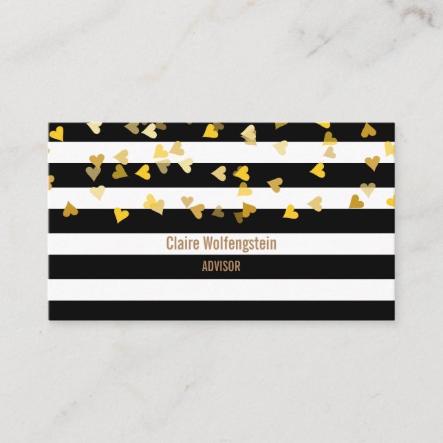 Tarjeta De Visita Modern Stripes Gold Hearts Profesional (Anverso)