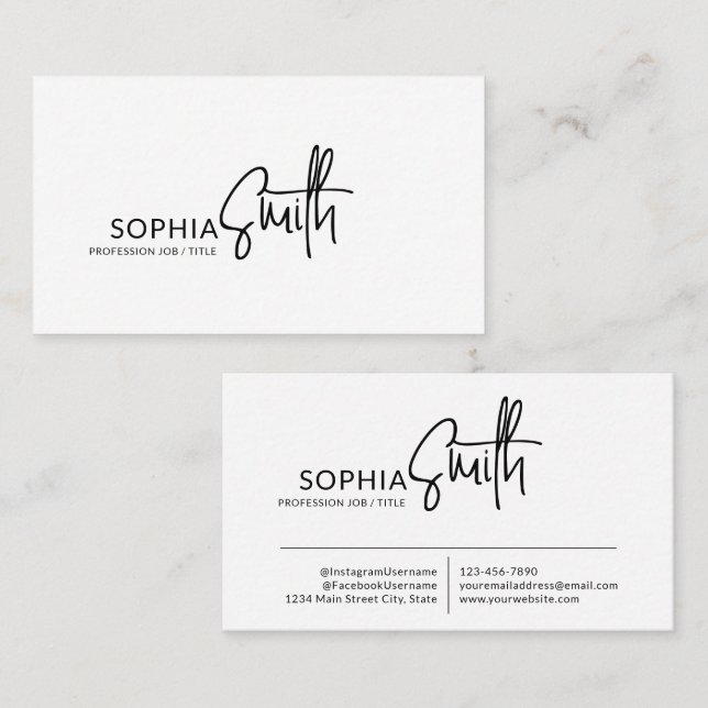 Tarjeta De Visita Modern Stylish Black & White Handwritten Script (Anverso / Reverso)