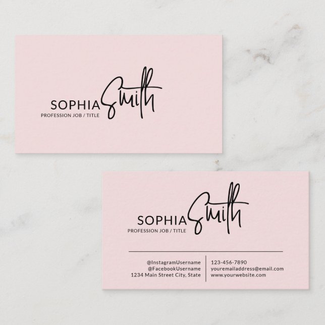 Tarjeta De Visita Modern Stylish Blush Pink Handwritten Script (Anverso / Reverso)