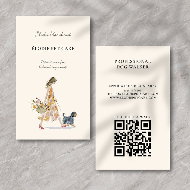 Tarjeta De Visita Modern Stylish Dog Walker Pet Sitter QR code (Elegant, feminine design with modern charm. QR code for easy scheduling & contact.)
