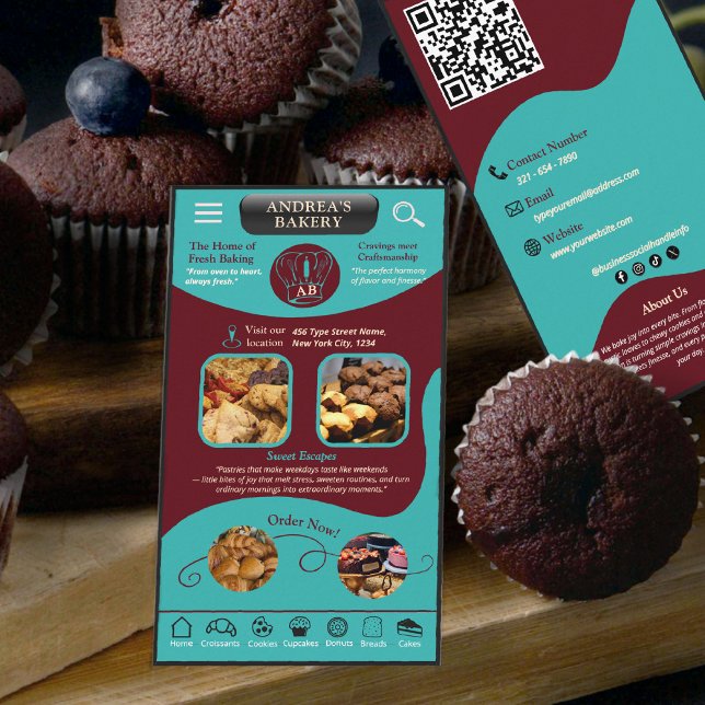 Tarjeta De Visita Modern Teal Burgundy Bakery Logo and QR Code   (Subido por el creador)