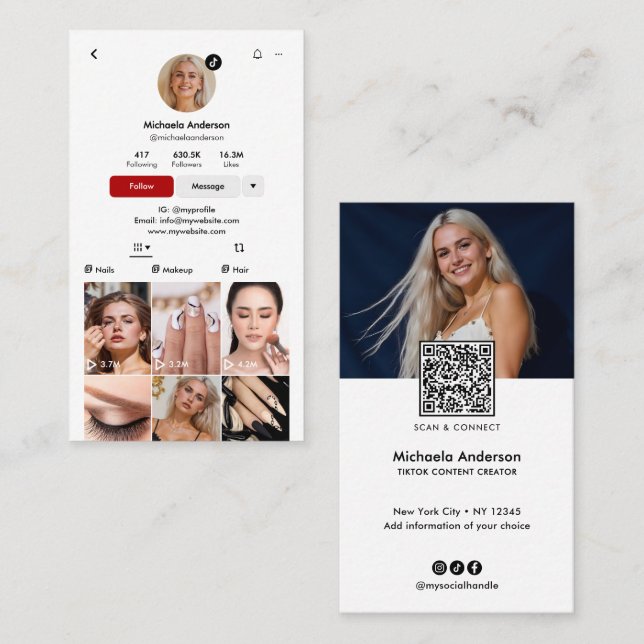 Tarjeta De Visita Modern TikTok Influencer QR Code & Socials (Anverso / Reverso)
