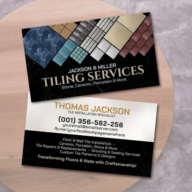 Tarjeta De Visita Modern Tiling Services Black Marble Tile Collage (Subido por el creador)