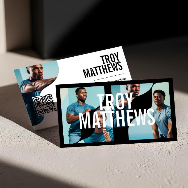 Tarjeta De Visita Modern Trendy Bold Personal Trainer Fitness Coach (Trendy Wavy Photo Frame Personal Trainer Fitness Business Card)