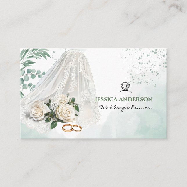 Tarjeta De Visita Modern Wedding Planner Bride Veil Green (Anverso)