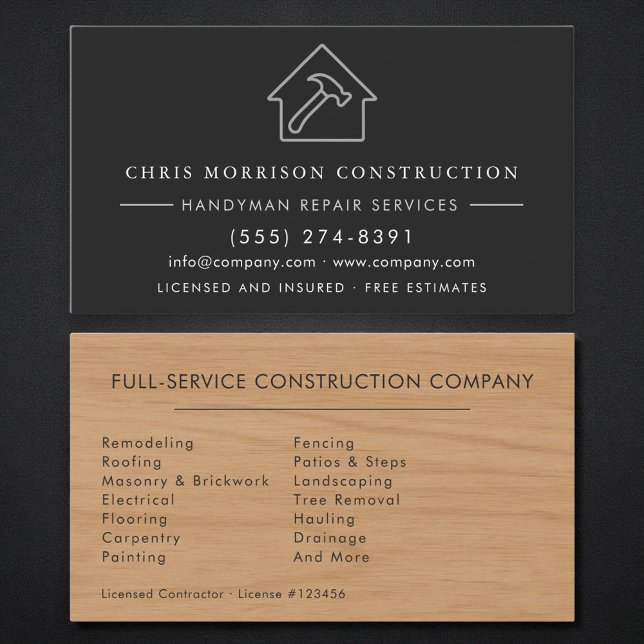 Tarjeta De Visita Modern Wood Black Silver Handyman Construction  (Subido por el creador)