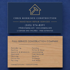 Tarjeta De Visita Modern Wood Handyman Navy Blue Gold Construction 