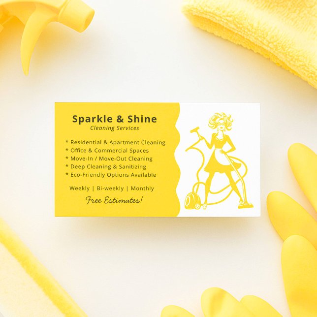Tarjeta De Visita Modern Yellow Housekeeper Maid Cleaning Service  (Subido por el creador)