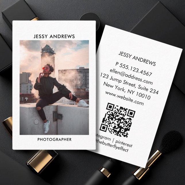 Tarjeta De Visita Moderna acuarela de moda Foto Código QR (Modern Trendy Watercolor Photo QR Code Business Card)