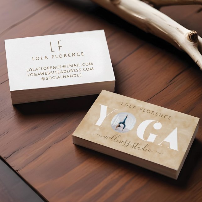 Tarjeta De Visita Moderna acuarela dorada foto de Personalizado supe (Modern Golden Watercolor YOGA Overlay Custom Photo Business Card)